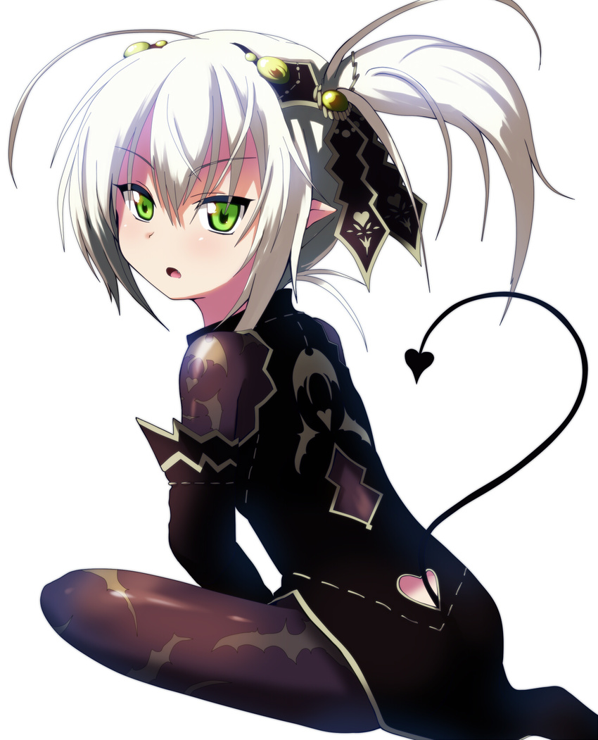atahuta back bodysuit demon_girl demon_tail dress elbow_gloves gloves green_eyes hairband looking_back open_mouth original pointed_ears side_ponytail sitting tagme tail tights white_hair