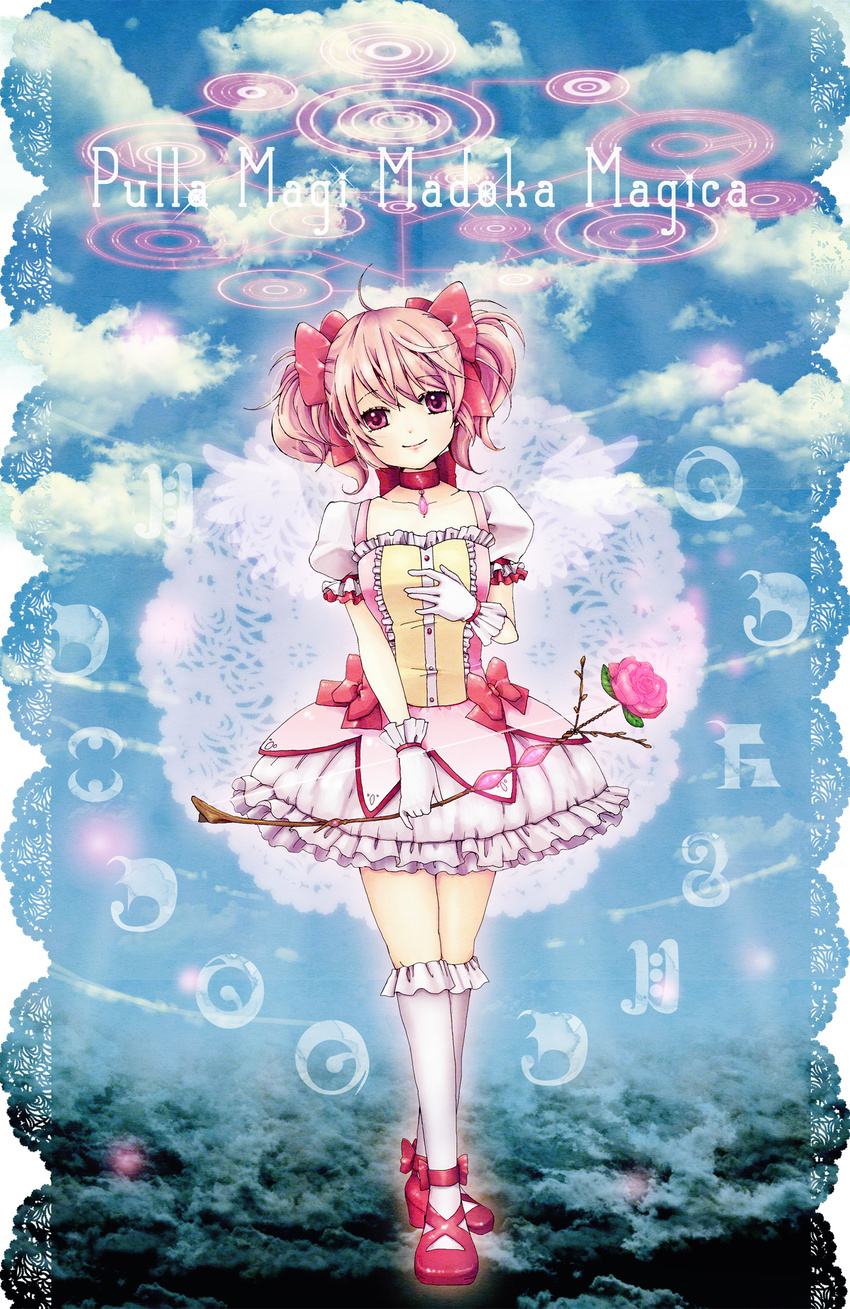 bad_id bad_pixiv_id flower gloves highres kaname_madoka madoka_runes mahou_shoujo_madoka_magica merami pink_flower pink_hair pink_rose red_eyes rose short_hair solo twintails