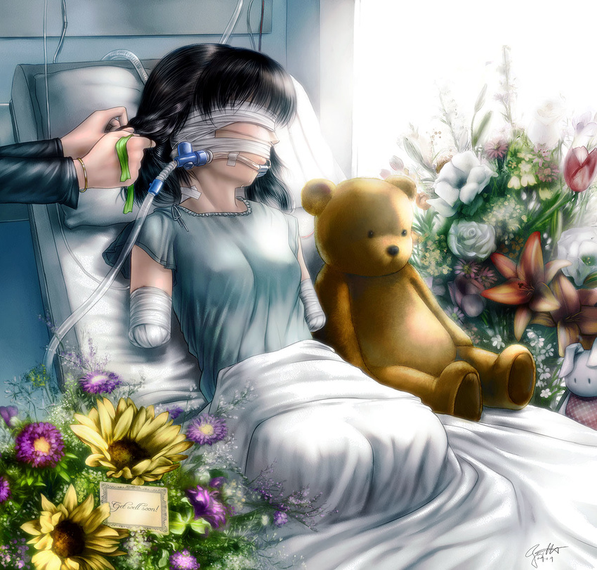 amputee bandages bed black_hair breasts card commentary covered_nipples flower hairdressing hospital hospital_bed medium_breasts original quadruple_amputee s_zenith_lee saliva solo_focus stuffed_animal stuffed_toy tears teddy_bear tube