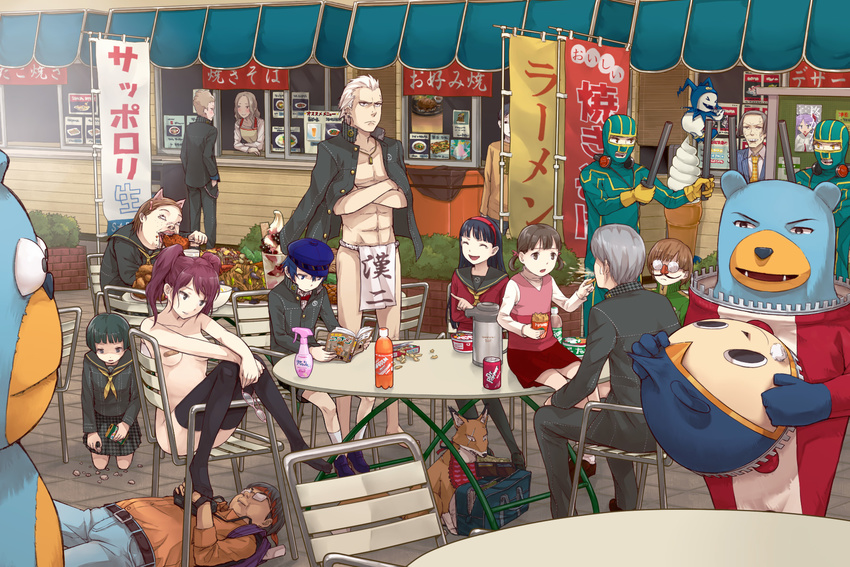 &gt;_&lt; 6+girls abs amagi_yukiko animal_ears backpack bad_id bad_pixiv_id bag bandaid bandaids_on_nipples bandana bear belt bib black_hair black_legwear blue_eyes blue_hair blush bow bowtie brother_and_sister brown_eyes brown_hair cabbie_hat camera candy chair closed_eyes club convenient_leg cosplay cracker crossed_arms dark_persona doujima_nanako dr_pepper eating everyone feeding food fox fundoshi funny_glasses glasses grey_eyes grey_hair hairband hanamura_yousuke hat headphones headphones_around_neck highres hiiragi_kagami hotaru_no_haka ice_cream jack_frost jacket_on_shoulders japanese_clothes jewelry kick-ass kick-ass_(character) kick-ass_(character)_(cosplay) kitsune_(persona_4) konishi_naoki konishi_saki kubo_mitsuo kujikawa_rise kuma_(persona_4) laughing long_hair lucky_star mall manga_(object) matsunaga_ayane meitantei_conan money morooka_kinshirou multiple_boys multiple_girls narukami_yuu necklace necktie nude okazun ootani_hanako open_mouth pantyhose pasties persona persona_4 pig_ears public_nudity reading reverse_trap satonaka_chie scar school_uniform shirogane_naoto short_hair shorts siblings socks soda spit_take spitting sundae sweat tatsumi_kanji thighhighs time_paradox twintails wallet weapon what when_you_see_it white_hair yellow_eyes zipper