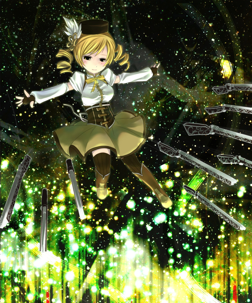 beret birman_h blonde_hair boots breasts brown_legwear corset detached_sleeves drill_hair fingerless_gloves gate_of_babylon gloves gun hair_ornament hairpin hat highres large_breasts light_particles magical_girl magical_musket mahou_shoujo_madoka_magica outstretched_arms pleated_skirt puffy_sleeves ribbon rifle shirt skirt solo striped striped_legwear taut_clothes taut_shirt thighhighs tomoe_mami twin_drills twintails vertical-striped_legwear vertical_stripes weapon yellow_eyes zettai_ryouiki