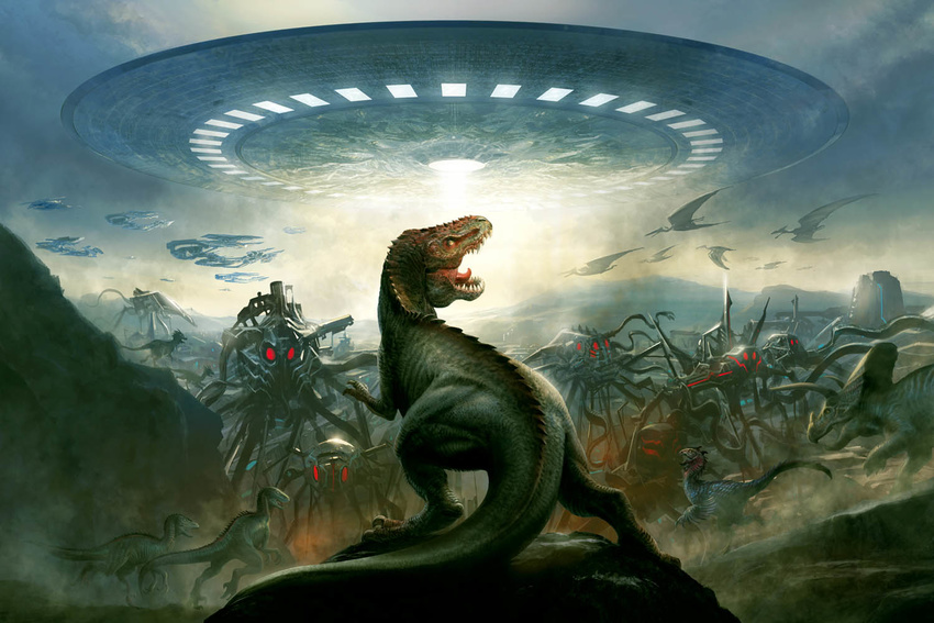 artist_request dinosaur dinosaurs_vs_aliens epic no_humans source_request space_craft tyrannosaurus_rex ufo
