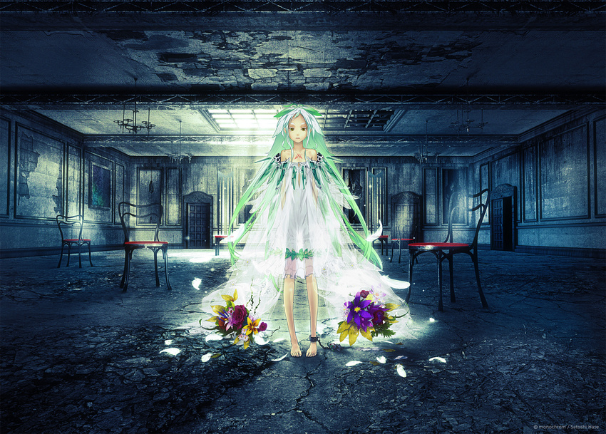 ankle_cuffs bare_shoulders barefoot chain dress flower green_eyes green_hair highres long_hair md5_mismatch original redjuice solo tattoo very_long_hair yellow_eyes