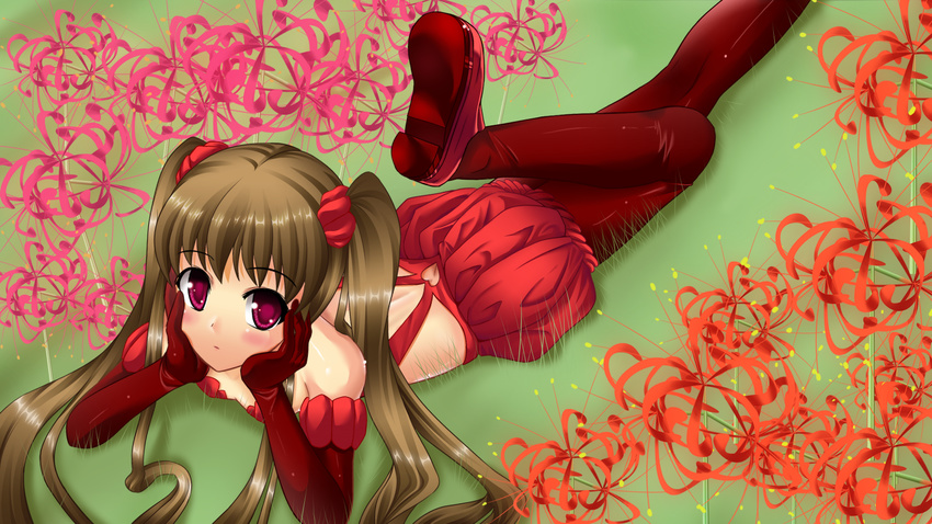blush brown_hair elbow_gloves gloves grass hair_ribbon highres long_hair lying on_stomach original pantyhose purple_eyes ribbon shoes simple_background slavedoll solo twintails