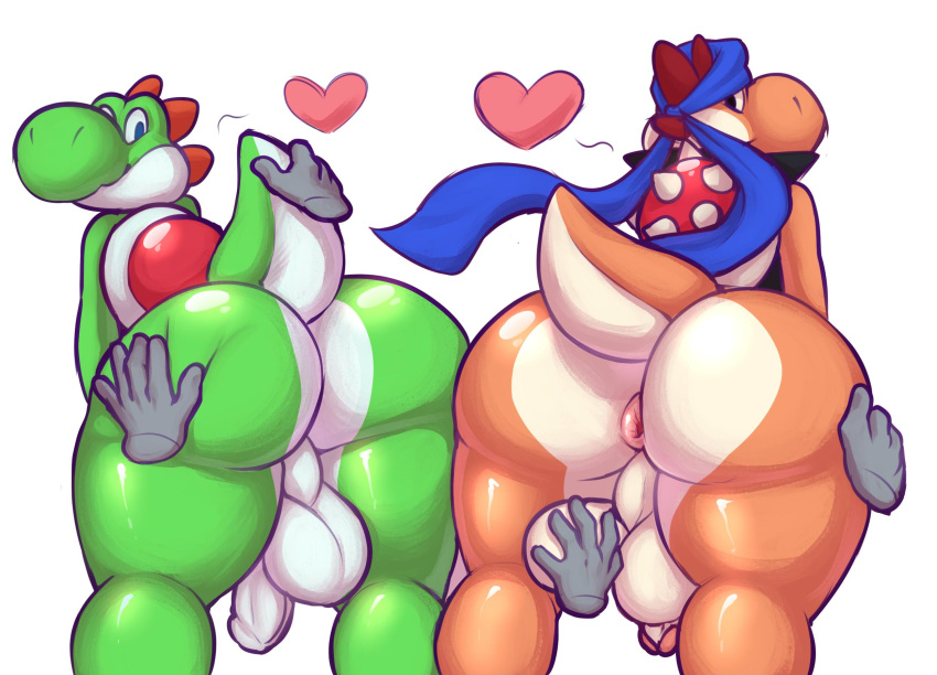 &lt;3 anthro anus ball_grab balls bent_over big_balls big_butt big_nose black_eyes blue_eyes bubble_butt butt disembodied_hand erection fan_character green_yoshi hand_on_butt hand_on_leg hi_res holding_balls humanoid_penis looking_back male mario_bros nintendo nude orange_yoshi penis presenting presenting_anus presenting_hindquarters puffy_anus simple_background smile spikes standing thick_thighs uncut video_games white_background wide_hips wizzikt yoshi