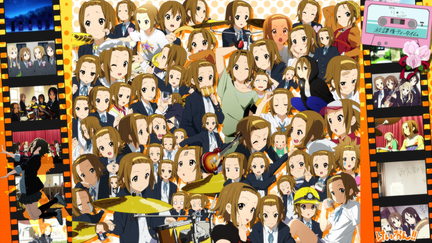 blush brown_eyes brown_hair cymbals drum drum_set drums drumsticks guitar headband instrument k-on! k-on!! maid_headdress school_uniform short_hair tainaka_ritsu wallpaper