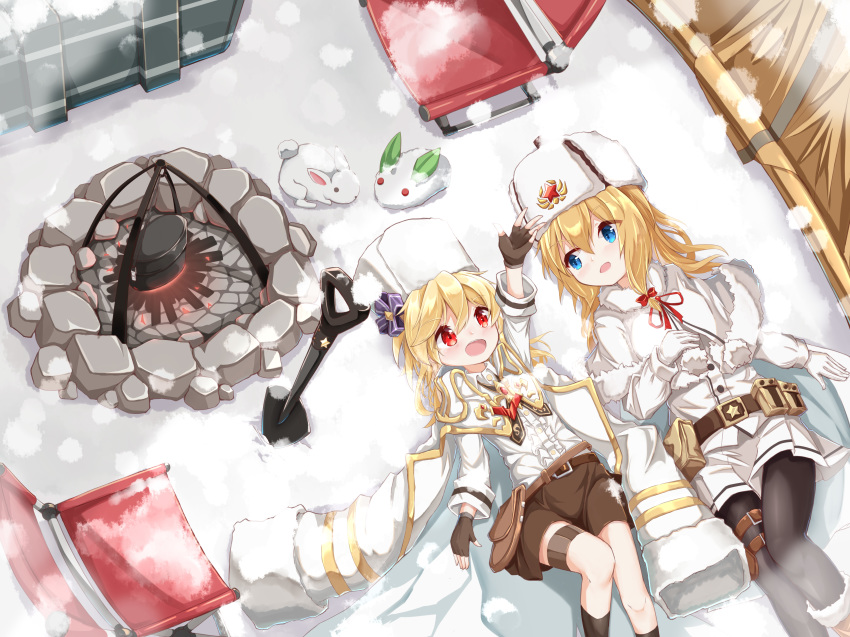 absurdres blonde_hair blue_eyes bunny campfire commentary_request fur_hat girls_frontline hat highres jacket lying matsuo_(matuonoie) mosin-nagant_(girls_frontline) multiple_girls nagant_revolver_(girls_frontline) on_back red_eyes siblings sisters snow snow_bunny ushanka