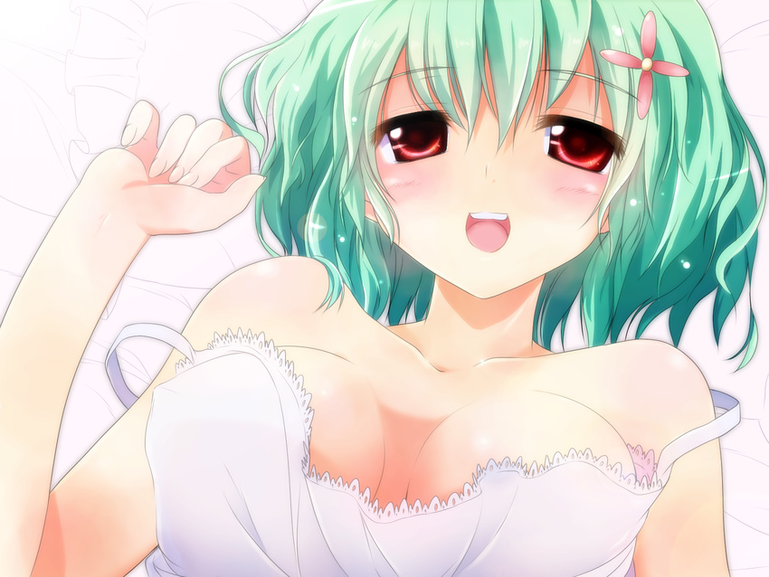 blush breasts colorized green_hair highres kazami_yuuka looking_at_viewer lying medium_breasts on_back pilky red_eyes smile solo touhou yuuhi_alpha