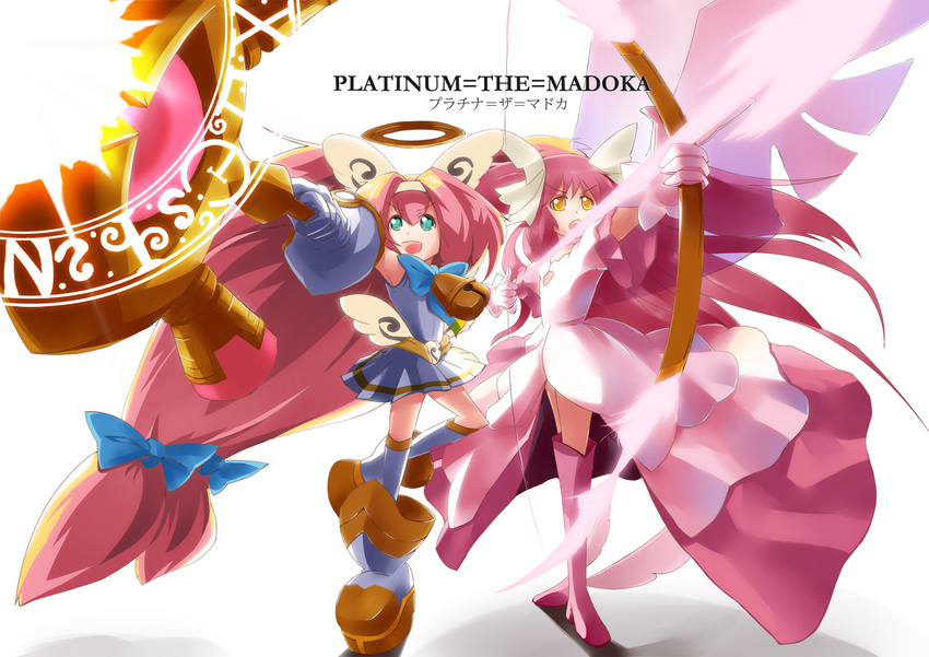 blazblue blonde_hair boots character_name green_eyes highres kaname_madoka kyouko_kasa long_hair low-tied_long_hair mahou_shoujo_madoka_magica multiple_girls pink_footwear pink_hair platinum_the_trinity quad_tails seiyuu_connection spoilers symbol-shaped_pupils ultimate_madoka very_long_hair yellow_eyes yuuki_aoi