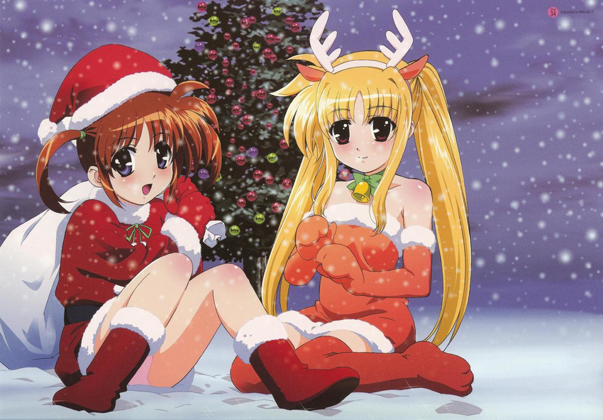 animal_costume bell blonde_hair blush boots brown_hair christmas christmas_ornaments christmas_tree elbow_gloves fate_testarossa gloves hat long_hair lyrical_nanoha mahou_shoujo_lyrical_nanoha mahou_shoujo_lyrical_nanoha_a's multiple_girls okuda_yasuhiro panties pantyshot pantyshot_(sitting) pink_panties purple_eyes red_eyes red_gloves reindeer_costume santa_costume santa_hat short_hair short_twintails sitting snow snowing takamachi_nanoha thighhighs twintails underwear