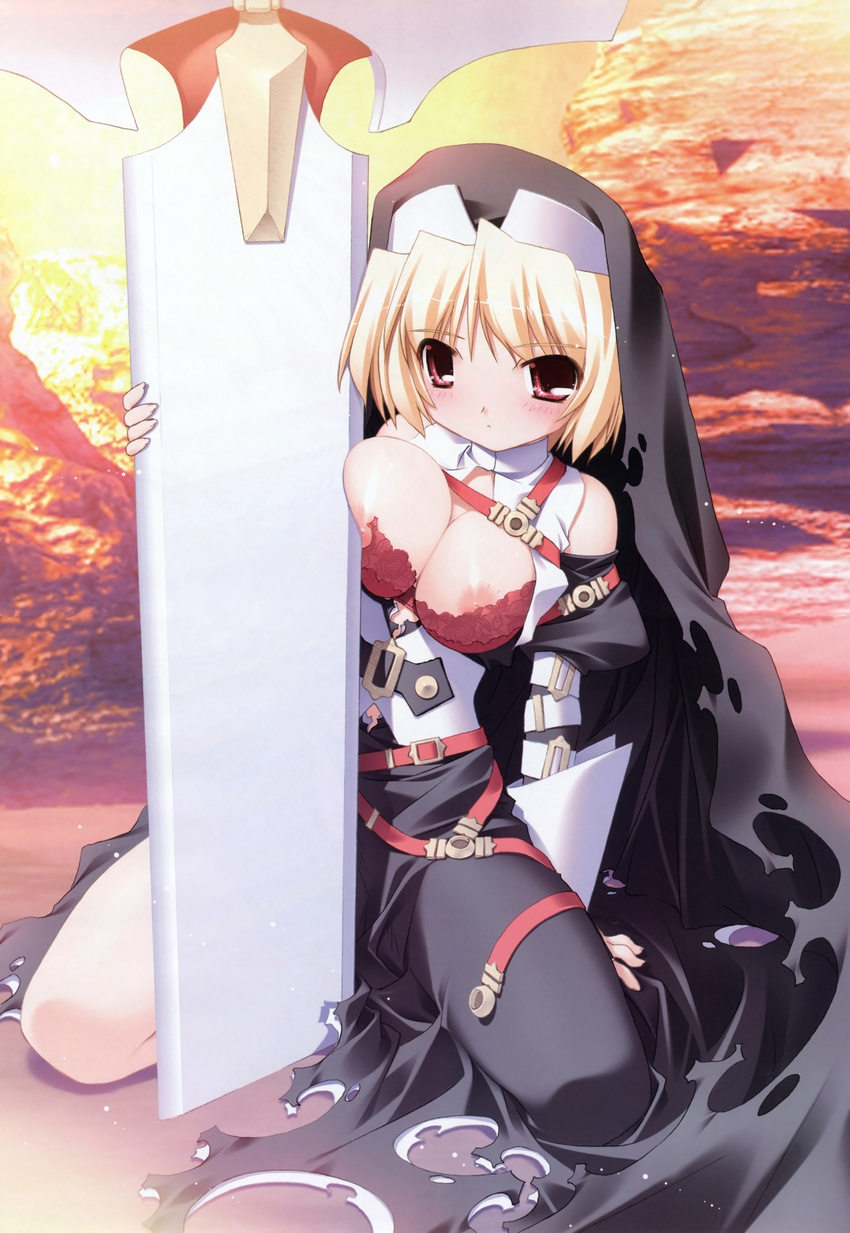 absurdres bare_shoulders blonde_hair blush bra breast_press breasts cleavage highres large_breasts lingerie nipples nun oono_tetsuya prism_ark red_eyes short_hair sister_hell solo sword torn_clothes underwear weapon