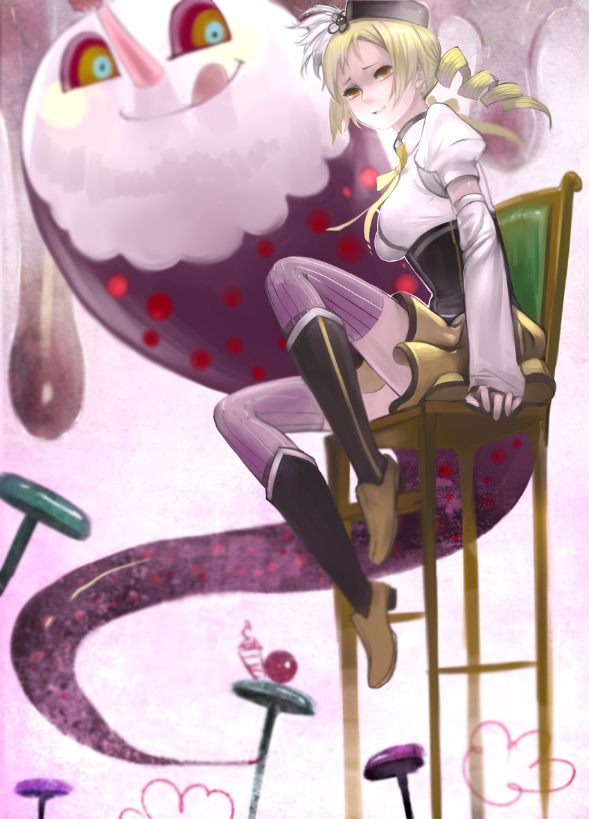 :q blonde_hair boots chair charlotte_(madoka_magica) detached_sleeves drill_hair hat highres ilmkilt knee_boots long_hair looking_at_another mahou_shoujo_madoka_magica skirt sleeves_past_wrists thighhighs tomoe_mami tongue tongue_out twin_drills twintails witch_(madoka_magica) zettai_ryouiki