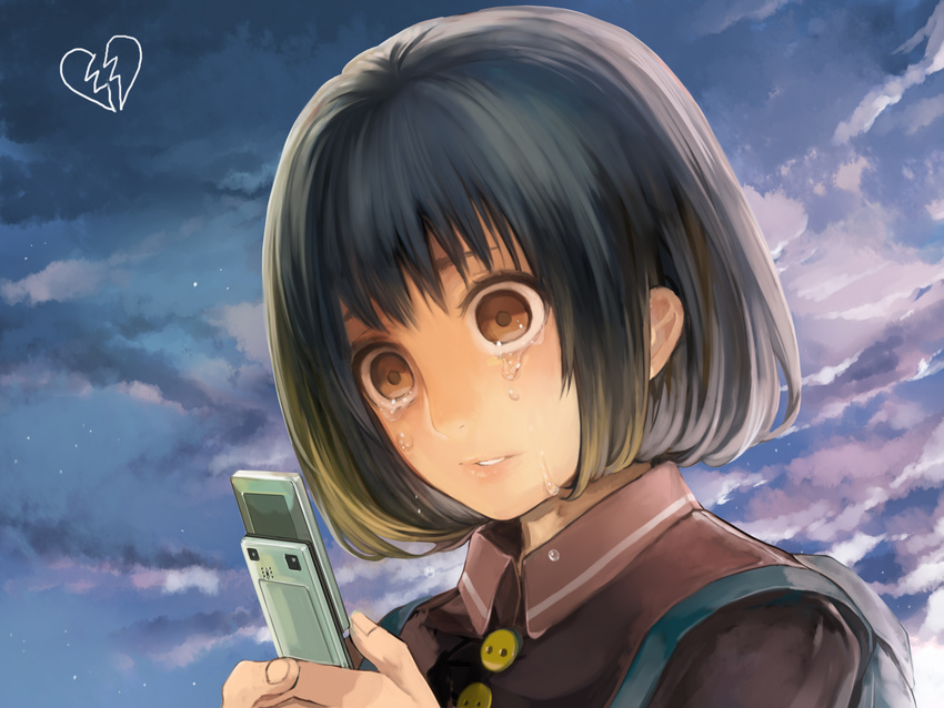 bad_id bad_pixiv_id black_hair broken_heart brown_eyes cellphone cloud face hands highres lips original phone short_hair sky solo tcb tears wide-eyed