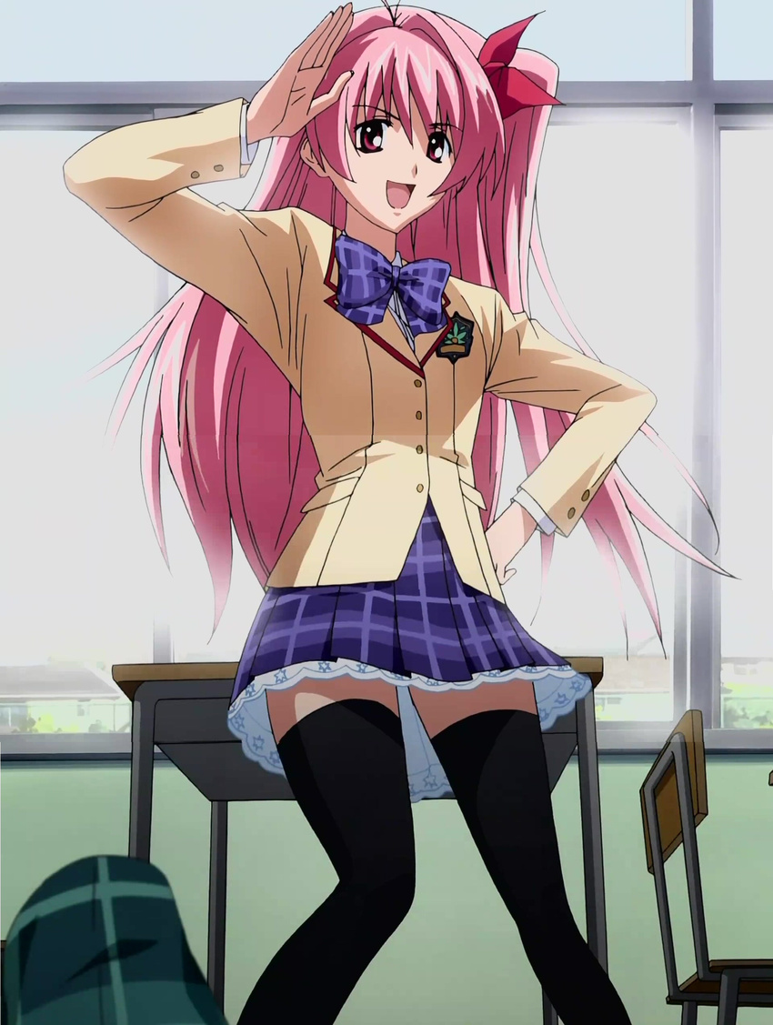 absurdres chaos;head highres long_hair one_side_up pink_hair sakihata_rimi salute school_uniform screencap solo stitched thighhighs third-party_edit zettai_ryouiki