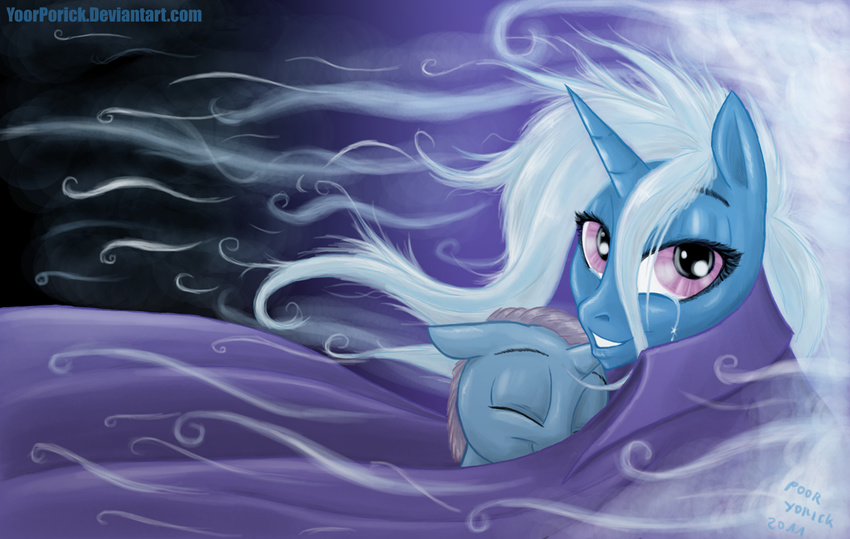 baby cape equine female friendship_is_magic good_parenting happy horn horse hug love mammal mother motherhood my_little_pony parent pony poor_yorick protective tears trixie_(mlp) unicorn unknown_pony yoorporik young