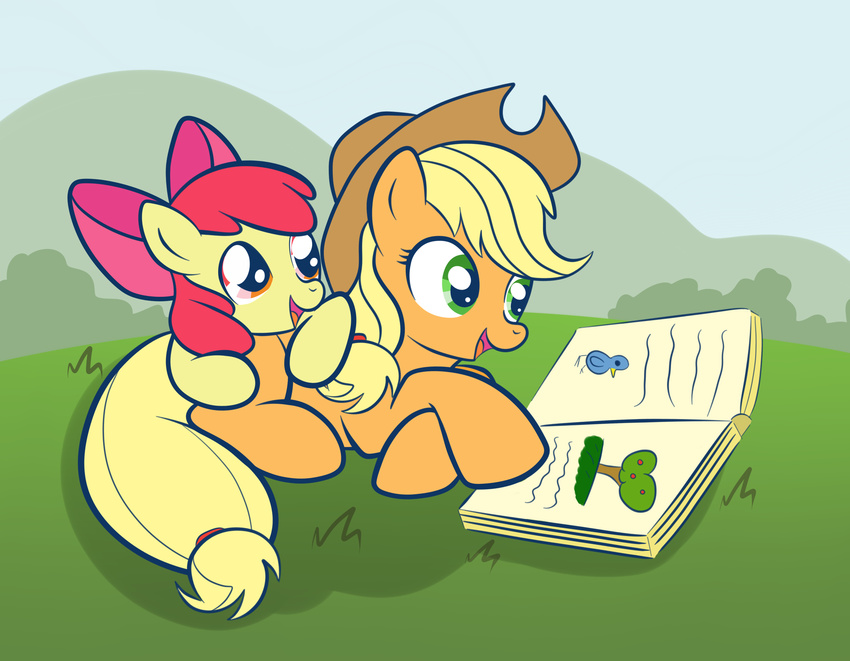 applebloom_(mlp) applejack_(mlp) blonde_hair book bow cute friendship_is_magic green_eyes hair hat my_little_pony orange_eyes pink_hair smitty_g