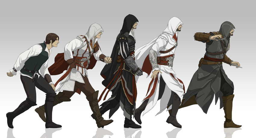 age_progression armor armor_of_altair assassin's_creed:_brotherhood assassin's_creed:_revelations assassin's_creed_(series) assassin's_creed_ii beard blade brown_hair cape ezio_auditore_da_firenze facial_hair gb_(doubleleaf) gloves hidden_blade highres hood male_focus ponytail scar smile vambraces weapon