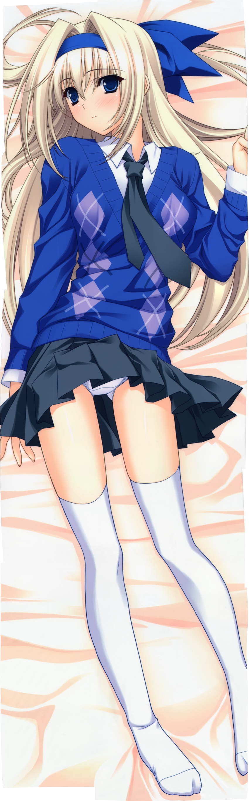 absurdres argyle blonde_hair blue_eyes dakimakura hair_intakes highres huge_filesize kanou_seia long_hair lying necktie panties pantyshot school_uniform skirt skirt_lift solo stellar_theater suzuhira_hiro sweater thighhighs underwear white_legwear white_panties