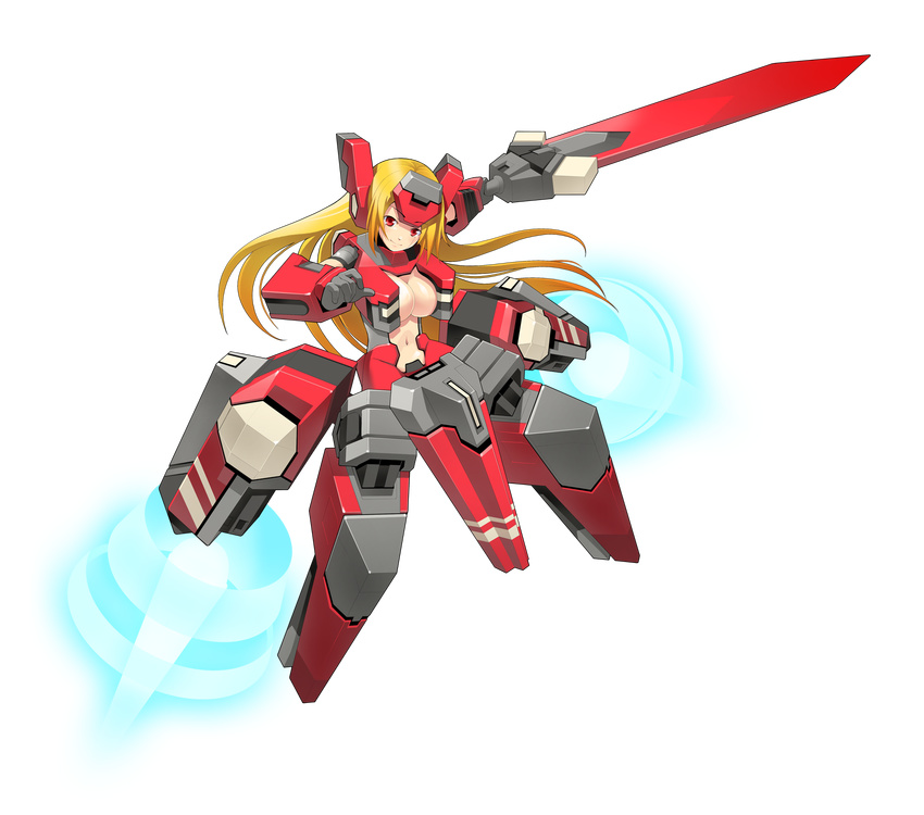 armor blonde_hair breasts cleavage cosmic_break crimrose flying full_body headgear highres long_hair mecha_musume medium_breasts navel official_art red_eyes smile solo sword transparent_background wakaba weapon