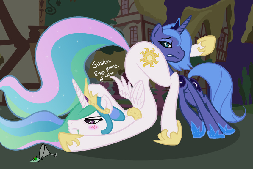 alicorn drunk duo equine female feral friendship_is_magic horn horse mammal my_little_pony pegacorn pony princess princess_celestia_(mlp) princess_luna_(mlp) royalty sibling sisters unknown_artist winged_unicorn wings