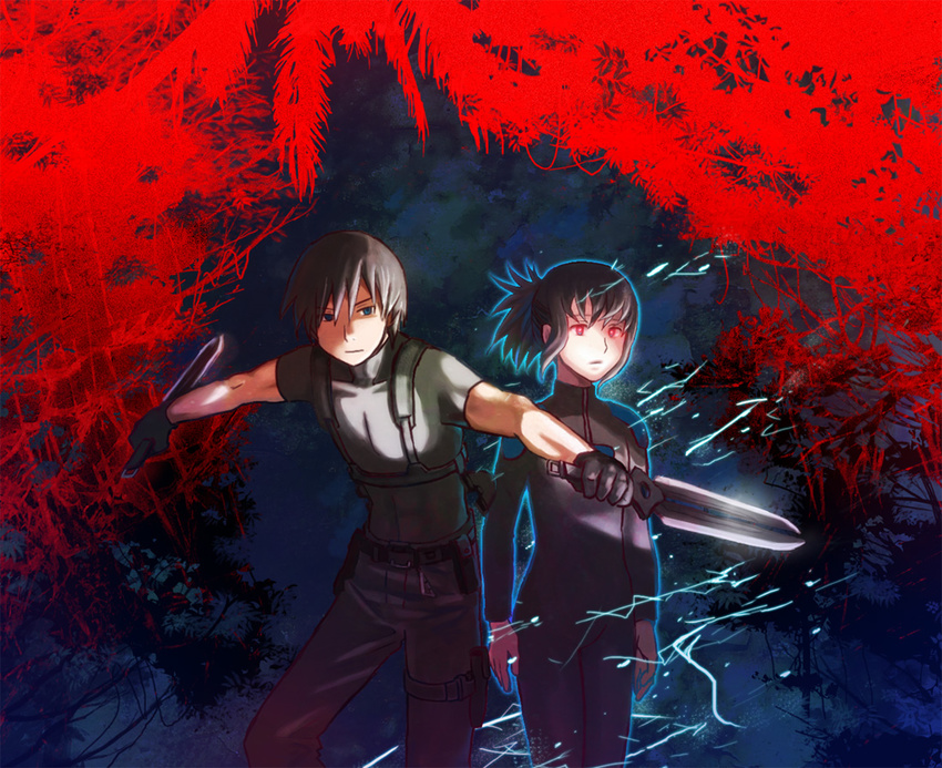 1boy 1girl aura bai belt bodysuit brother brother_and_sister darker_than_black electricity gloves glowing glowing_eyes hei knife siblings sister thigh_strap tree weapon