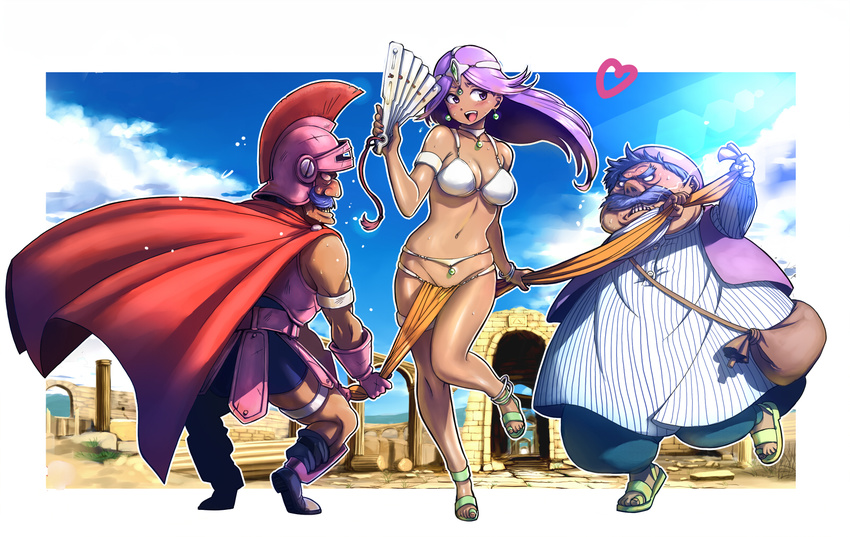 2boys bikini_top blue_hair bra breasts cape choker circlet dark_skin dragon_quest dragon_quest_iv facial_hair fang groin heart helmet highres large_breasts legs lingerie loincloth manya multiple_boys mustache navel pelvic_curtain purple_eyes purple_hair ryan_(dq4) sandals thighs torneko twinpoo underwear