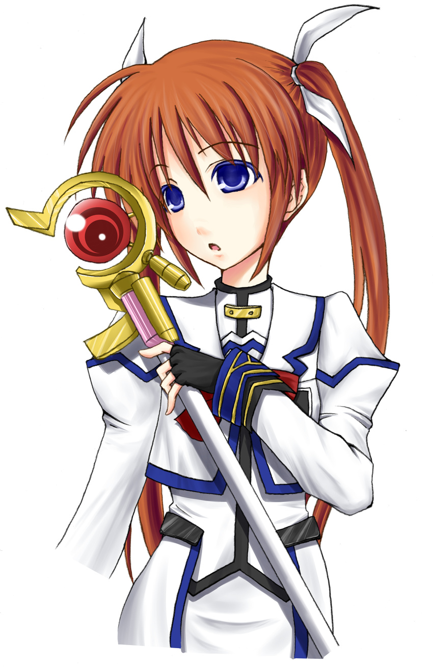 barrier_jacket blue_eyes brown_hair fingerless_gloves gloves hair_ribbon high_res long_hair mahou_shoujo_lyrical_nanoha mahou_shoujo_lyrical_nanoha_a's open_mouth raising_heart ribbon staff takamachi_nanoha twin_tails