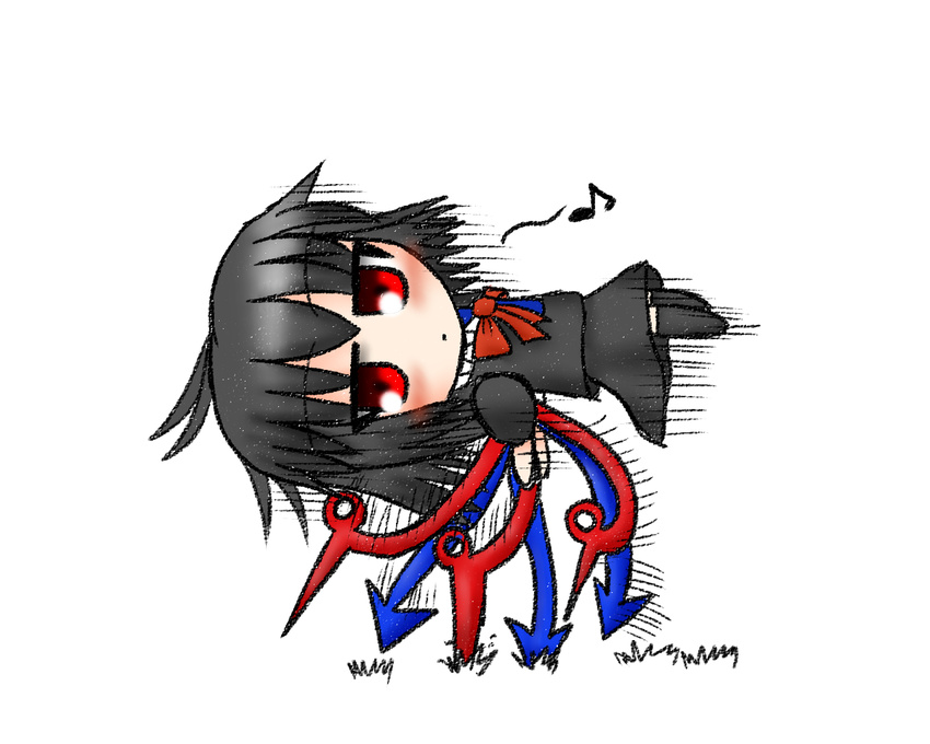 asymmetrical_wings bad_id bad_pixiv_id black_dress black_hair blue_wings chibi dress houjuu_nue mmr10711 musical_note red_eyes red_wings solo touhou wings