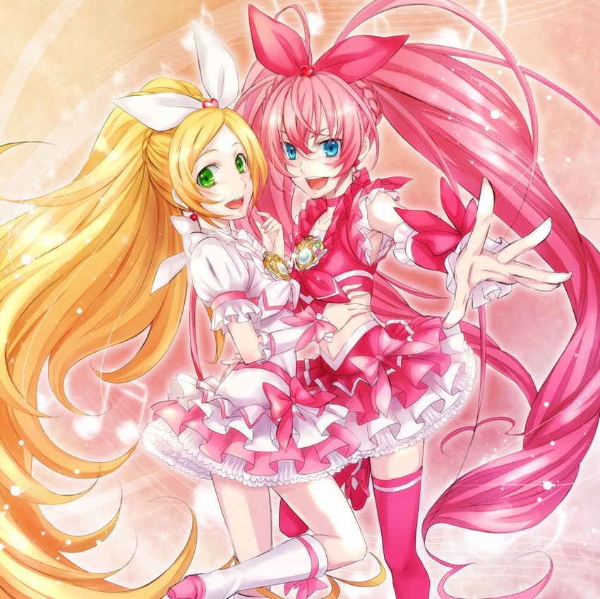 bad_id bad_pixiv_id blonde_hair blue_eyes boots bow choker cure_melody cure_rhythm dress earrings green_eyes heart highres houjou_hibiki jewelry knee_boots long_hair magical_girl midriff minamino_kanade multiple_girls musical_note pink_bow pink_choker pink_hair precure sakou_mochi skirt staff_(music) suite_precure thighhighs twintails very_long_hair white_choker wrist_cuffs