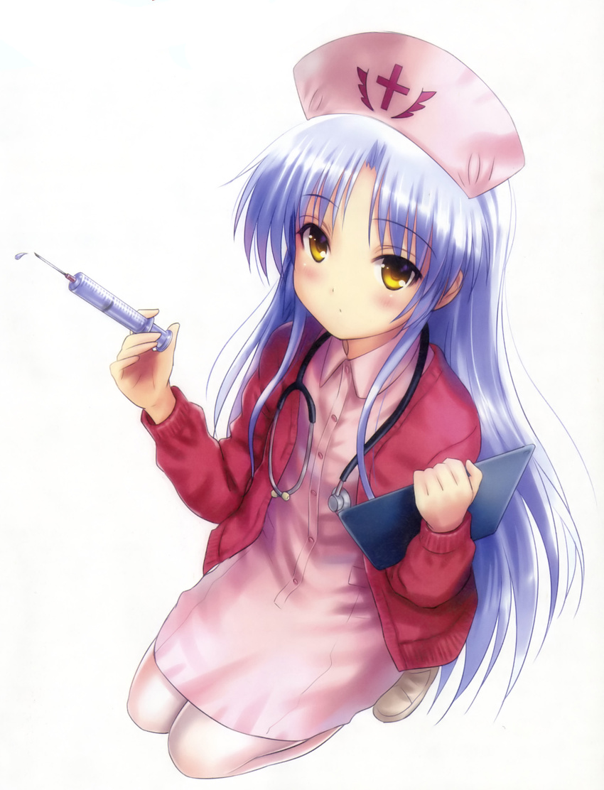 absurdres angel_beats! bangs blue_clipboard blue_hair blush blush_stickers cardigan clipboard collar cross drop ears_visible_through_hair eyebrows_visible_through_hair goto_p hat highres holding long_hair long_sleeves looking_at_viewer mikagami_hiyori nurse nurse_cap open_cardigan open_clothes pantyhose shiny shiny_hair simple_background solo stethoscope syringe tenshi_(angel_beats!) very_long_hair white_background white_footwear white_legwear yellow_eyes