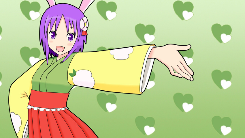 animal_ears aq_(bb009ma) bunny_ears dancing flower hair_flower hair_ornament hand_on_hip heart hieda_no_akyuu japanese_clothes maru-toku_series no_nose open_mouth outstretched_arm purple_eyes purple_hair short_hair solo touhou