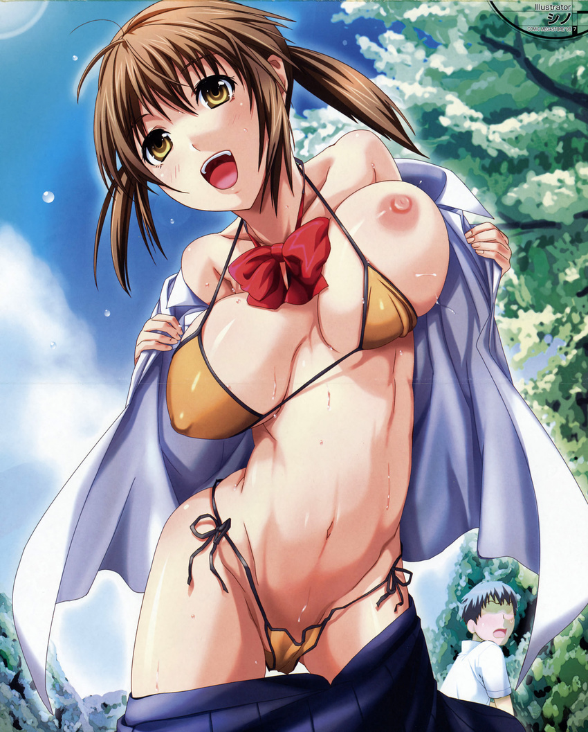 bikini erect_nipples mizugi nipples open_shirt oppai shino_(comic_penguin_club) undressing wardrobe_malfunction