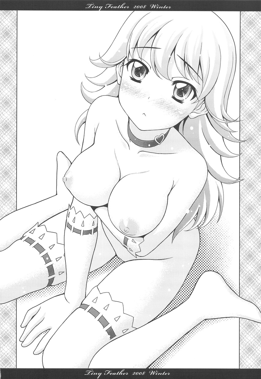 breast_hold hoshii_miki idolmaster monochrome nipples nude sin-go thighhighs tiny_feather