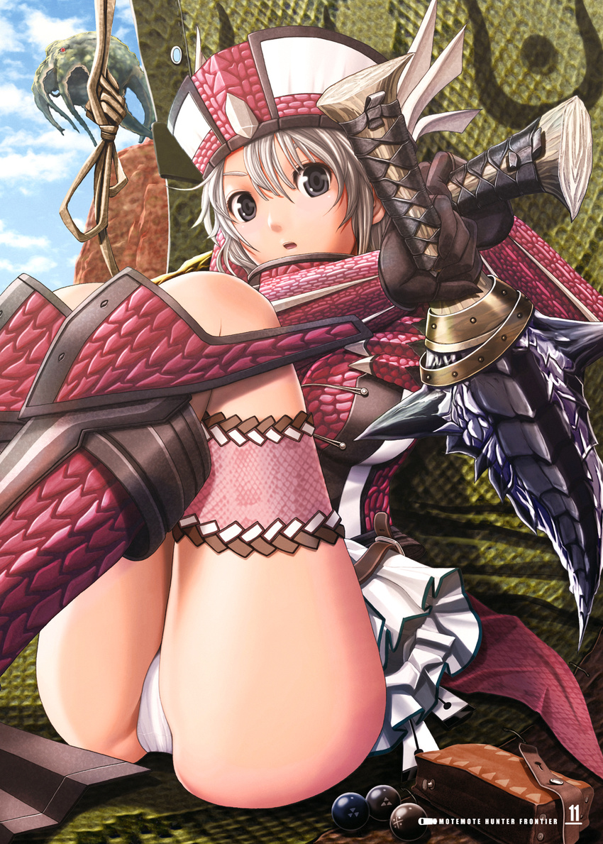 :o against_wall armor ass bangs belt blue_eyes boots cloud day dual_wielding embarrassed gloves hat highres holding knee_boots legs_up looking_at_viewer monster_hunter monster_hunter_frontier outdoors panties pantyshot pantyshot_(sitting) pleated_skirt pouch red_legwear rioduo_(armor) rock scales short_hair silver_hair sitting skirt sky solo surprised sword thigh_strap underwear upskirt v-mag weapon white_panties