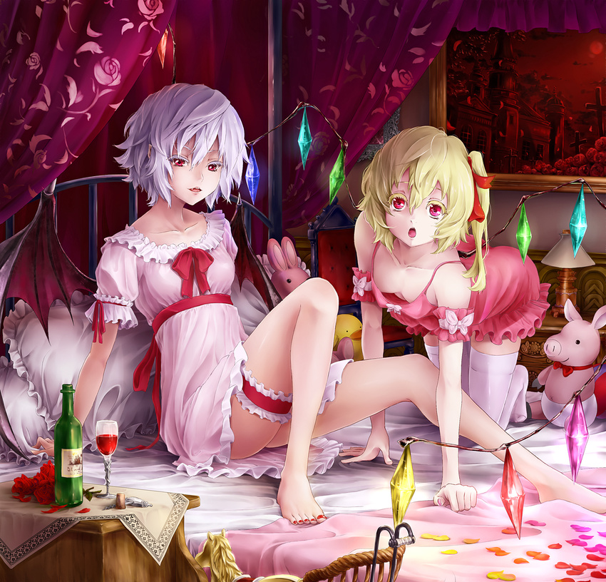 alcohol all_fours barefoot bat_wings bed bird blonde_hair blue_hair breasts bunny canopy_bed chair chick cleavage cork corkscrew cup downblouse dress drinking_glass eyelashes fangs feet flandre_scarlet flower hair_ribbon highres horse leg_garter medium_breasts multiple_girls nail_polish nightgown no_hat no_headwear onokoro401 open_mouth painting_(object) petals photo_(object) pig pillow pink_dress red_eyes red_flower red_rose red_skirt remilia_scarlet ribbon rose scarlet_devil_mansion short_hair siblings side_ponytail sisters sitting skirt small_breasts stuffed_toy touhou upskirt wine wine_glass wings