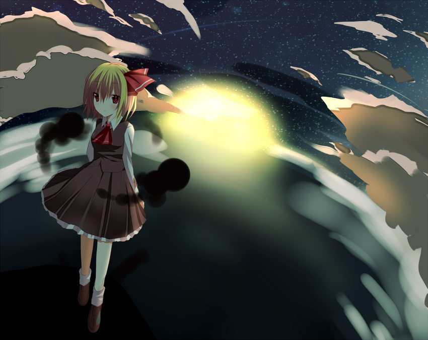 bad_id bad_pixiv_id blonde_hair fujishiro_emyu hair_ribbon moonlight night night_sky red_eyes ribbon rumia short_hair sky solo touhou