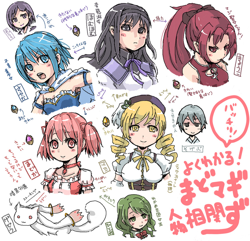 :3 akemi_homura es_(eisis) green_eyes green_hair highres homu kamijou_kyousuke kaname_junko kaname_madoka kyubey mahou_shoujo_madoka_magica miki_sayaka multiple_girls relationship_graph sakura_kyouko shizuki_hitomi soul_gem spoilers tomoe_mami translated