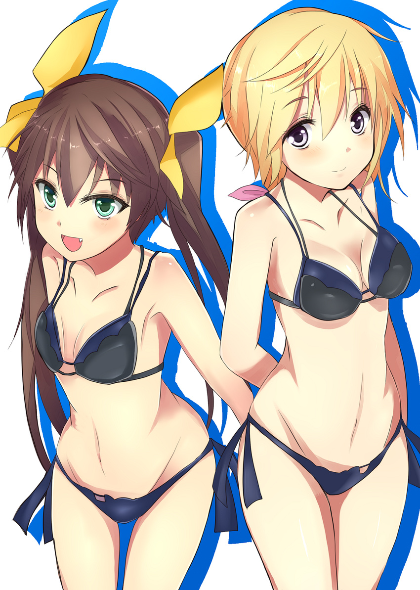 bikini blonde_hair brown_hair charlotte_dunois fang green_eyes groin hair_ribbon haruyuki_(yukichasoba) highres huang_lingyin infinite_stratos long_hair multiple_girls navel open_mouth purple_eyes ribbon smile standing swimsuit thighs twintails