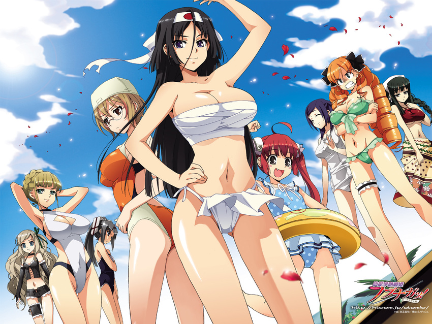 arms_up bandeau bikini breasts brown_hair casual_one-piece_swimsuit cleavage cleavage_cutout competition_swimsuit drill_hair frilled_bikini frills front-tie_top headband highres innertube large_breasts leg_garter multiple_girls navel one-piece_swimsuit orange_hair polka_dot polka_dot_swimsuit saipaco sarashi sengoku_gakuen_senki_nobunaga! shirt swimsuit tank_top taut_clothes taut_shirt twintails underboob