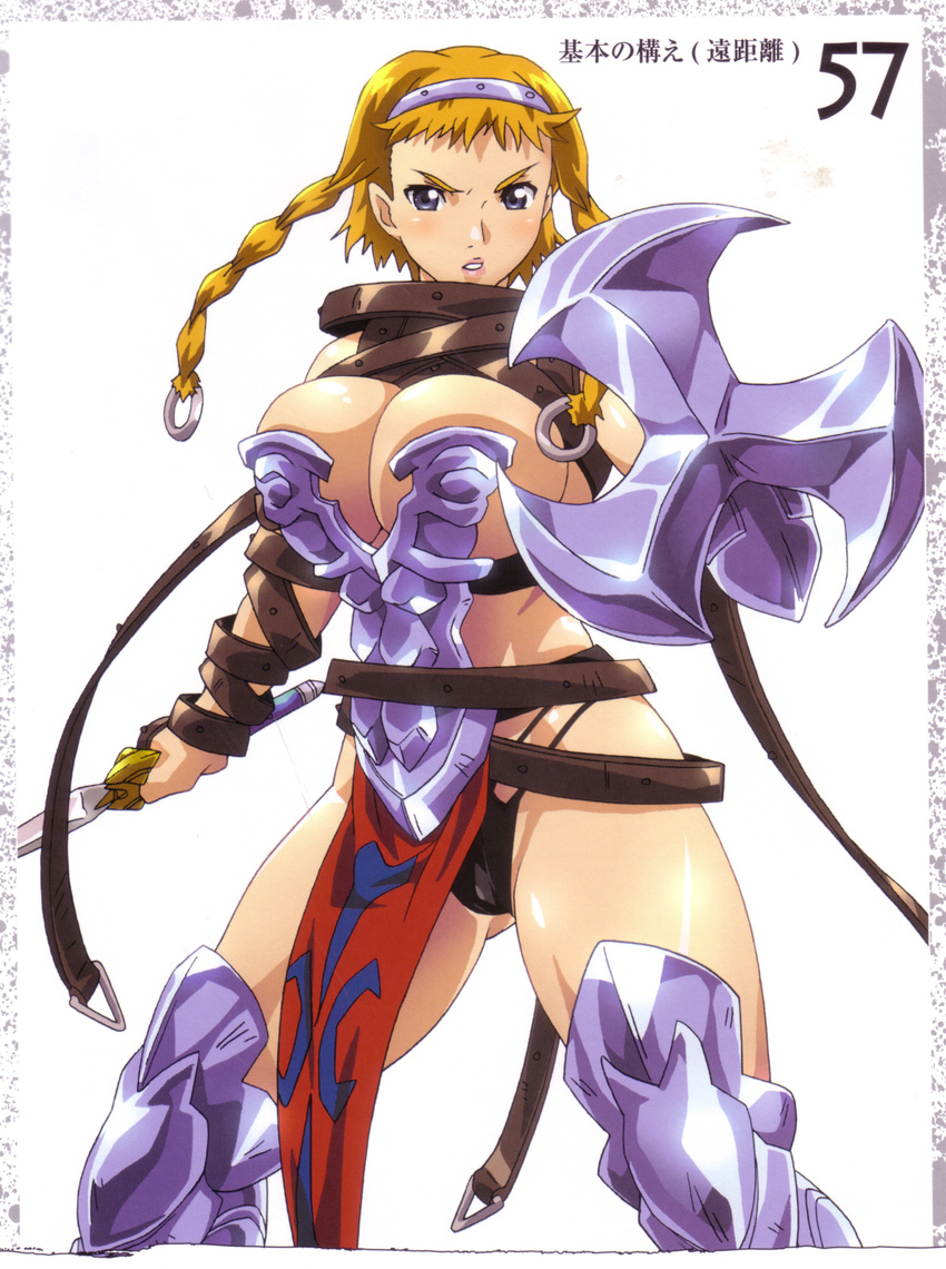 absurdres armor black_panties blonde_hair blue_eyes braid buckle hairband highres hisayuki_hirokazu leina panties queen's_blade revealing_clothes shield short_hair_with_long_locks side_braid solo sword twin_braids underwear weapon