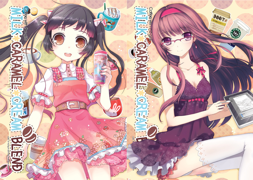 animal_ears bad_id bad_pixiv_id bare_shoulders belt black_hair blush bow breasts brown_eyes brown_hair bunny_ears caramel cleavage coffee collaboration collarbone cookie cover cup cupcake dress drink earrings english food glasses hair_bow hairband heart jewelry jin_young-in juke light_smile long_hair medium_breasts milk multiple_girls open_mouth original purple_eyes saucer short_sleeves sleeveless small_breasts stylus tablet tablet_pc thighhighs twintails white_legwear zettai_ryouiki