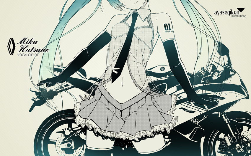 aqua_hair ayase_(ayasegiken) beige elbow_gloves gloves gradient_hair ground_vehicle hatsune_miku highres long_hair monochrome motor_vehicle motorcycle multicolored_hair navel necktie skirt smile solo spot_color thighhighs twintails very_long_hair vocaloid yamaha