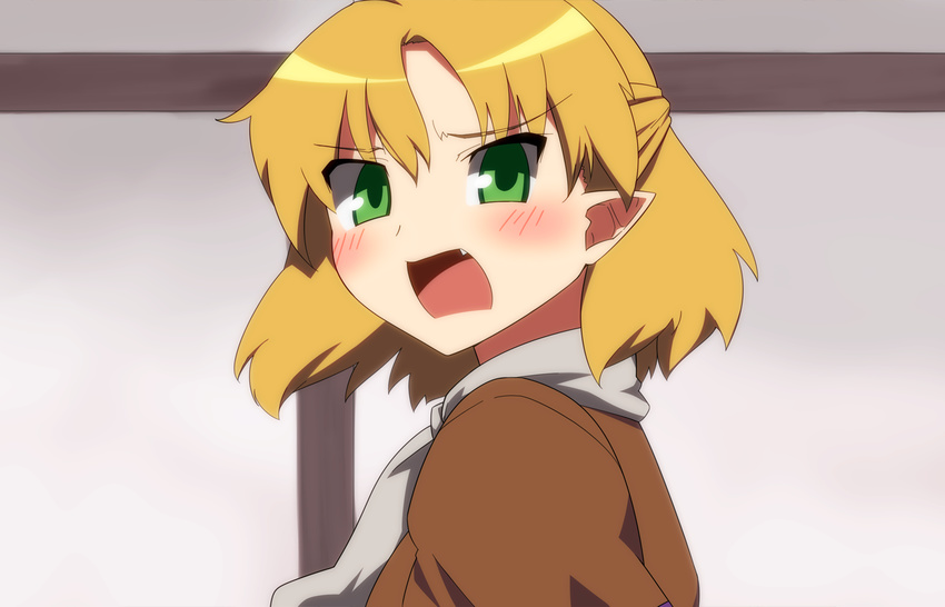 anime_coloring blonde_hair blush commentary fang green_eyes kaiza_(rider000) mizuhashi_parsee open_mouth pointy_ears scarf short_hair solo touhou tsundere