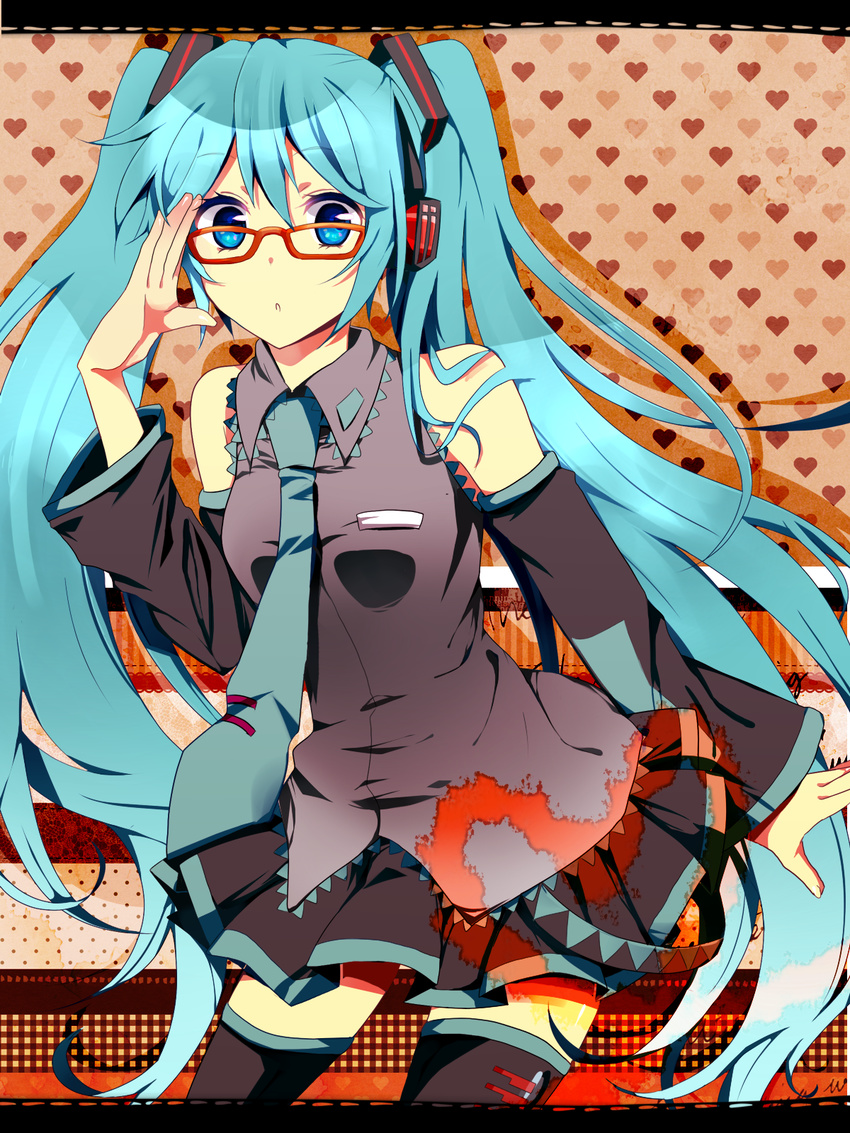 aqua_eyes aqua_hair bad_id bad_pixiv_id bespectacled colorized detached_sleeves glasses hatsune_miku headphones highres long_hair necktie skirt solo tamana thighhighs twintails very_long_hair vocaloid zettai_ryouiki