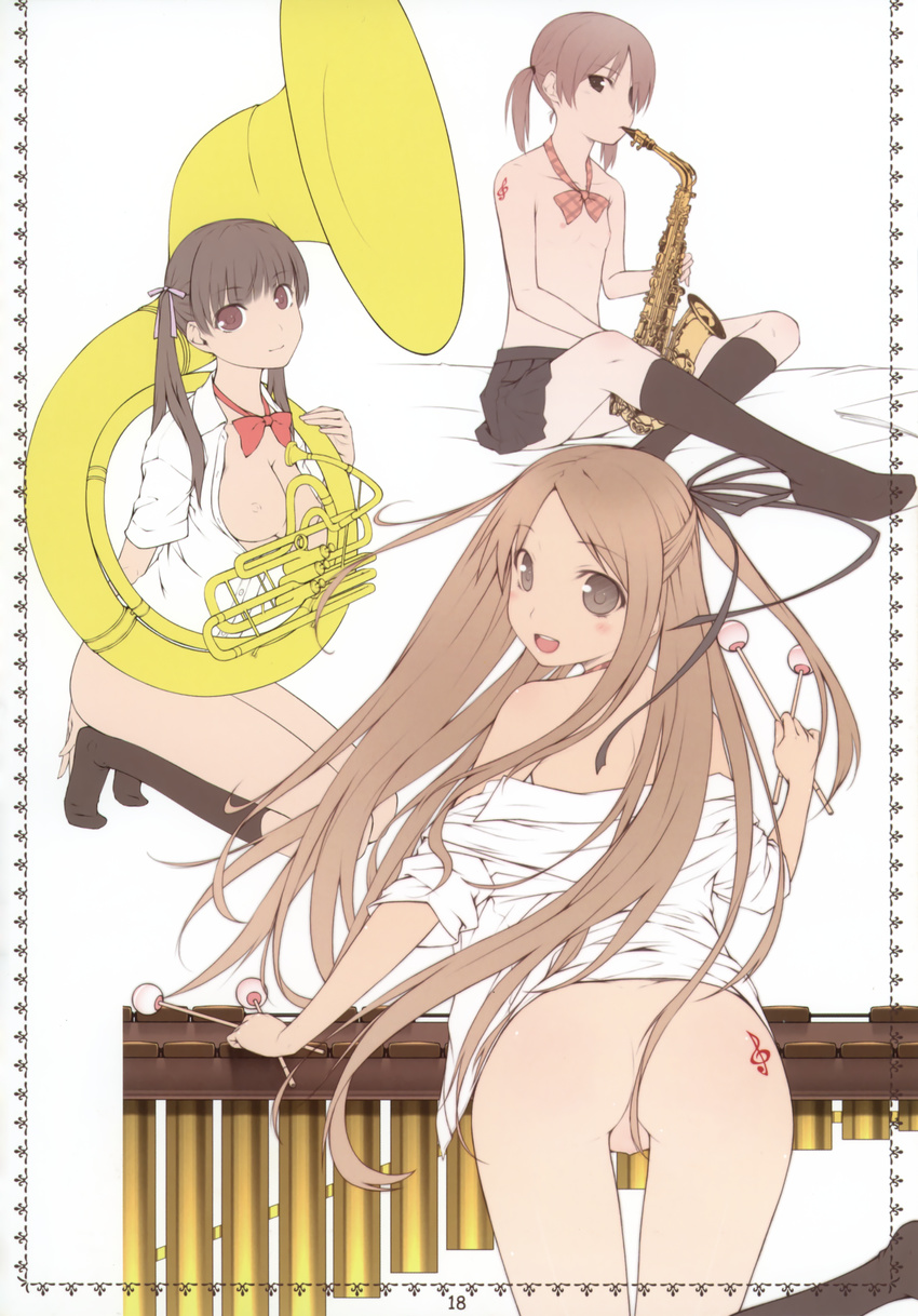 absurdres alto_saxophone ass blush breasts brown_eyes brown_hair flat_chest hair_censor highres instrument kneeling long_hair looking_back mallet_(instrument) marimba multiple_girls no_bra no_panties ooji open_clothes open_mouth original saxophone short_hair skirt small_breasts sousaphone tattoo tube twintails
