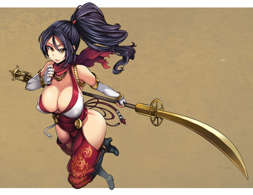 bare_hips bare_shoulders black_hair breasts brown_eyes cleavage covered_nipples elbow_gloves fingerless_gloves gloves highres hips huge_breasts long_hair meme50 momiji_(ninja_gaiden) ninja_gaiden ninja_gaiden_dragon_sword ninja_gaiden_sigma_2 polearm ponytail scarf solo weapon