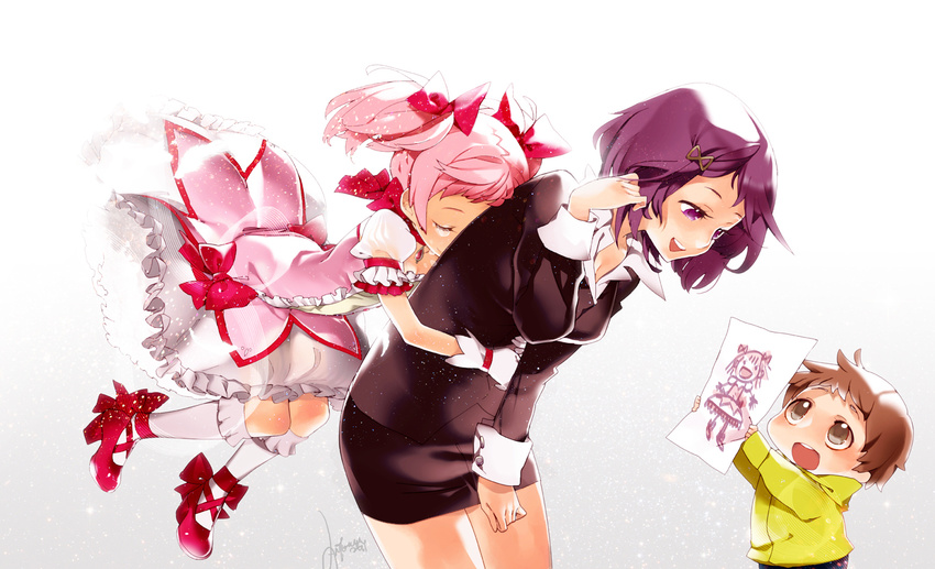 2girls antenna_(draconian) bow breasts brown_eyes brown_hair child child_drawing closed_eyes drawing floating formal gloves hair_bow hair_ornament hair_ribbon hairclip hug hug_from_behind kaname_junko kaname_madoka kaname_tatsuya long_hair magical_girl mahou_shoujo_madoka_magica mother_and_daughter mother_and_son multiple_girls paper pink_hair purple_eyes purple_hair ribbon shoes short_hair signature simple_background skirt skirt_suit smile spoilers suit tears twintails white_gloves