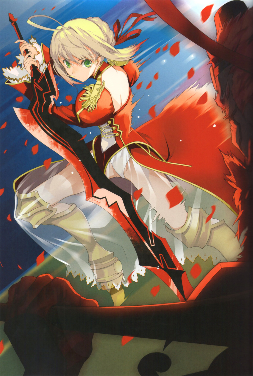 absurdres aestus_estus ahoge backless_outfit blonde_hair dress epaulettes fate/extra fate_(series) fuyuno_haruaki green_eyes hair_ribbon highres lu_bu_(fate) nero_claudius_(fate) nero_claudius_(fate)_(all) ribbon see-through solo sword weapon