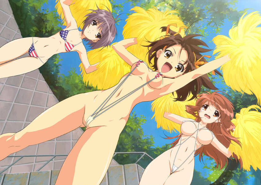 3girls asahina_mikuru bikini brown_hair cameltoe cheerleader jpeg_artifacts mizugi nagato_yuki photoshop pom_poms shitapai short_hair sling_bikini suzumiya_haruhi suzumiya_haruhi_no_yuuutsu