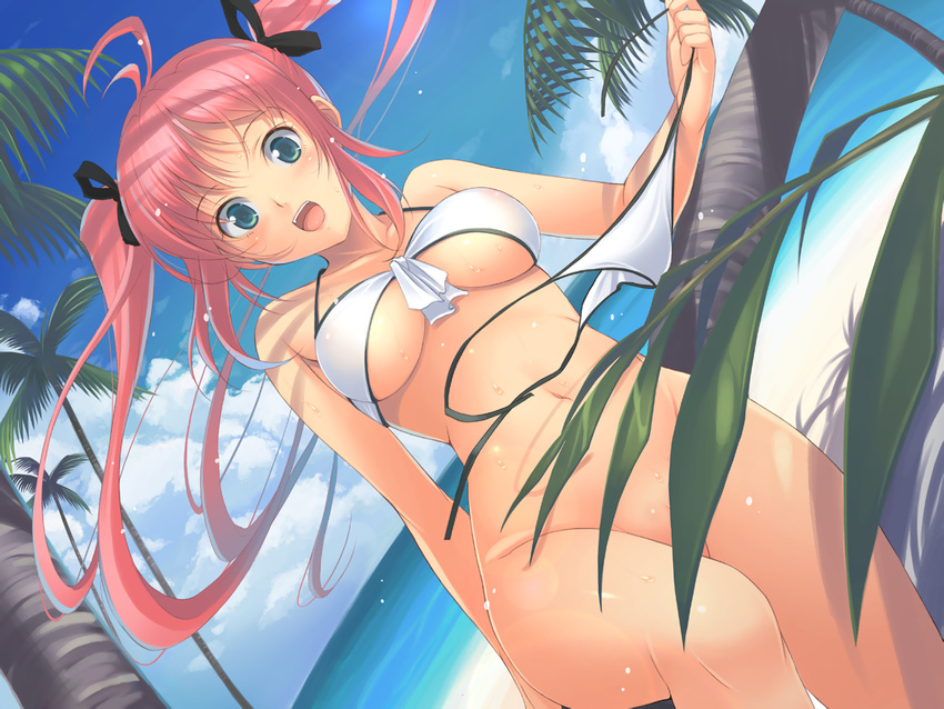 bare_shoulders beach belly bikini bottomless curvaceous dutch_angle green_eyes honda_naoki mizugi pink_hair poorly_tagged shitapai smile surprised undressing white_bikini wide_hips